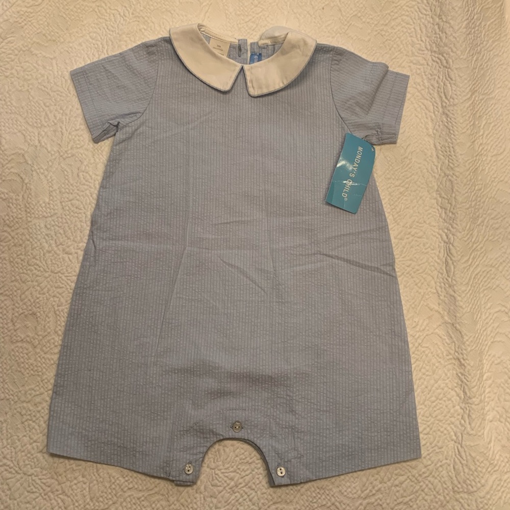 NWT Monday’s Child Blue Bubble Romper w/ White Peter Pan Collar 24m